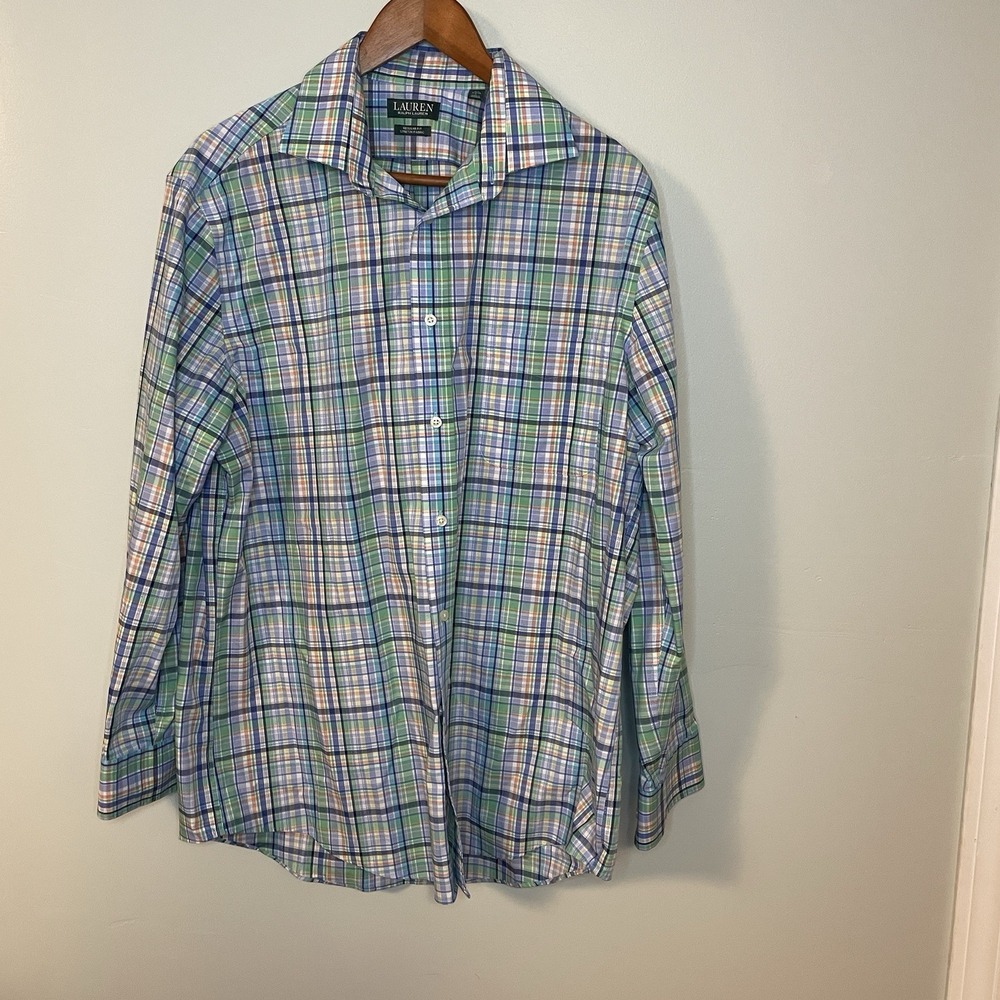 Lauren Ralph Lauren Shirt Mens L Green Blue Plaid Casual Dress Preppy EUC